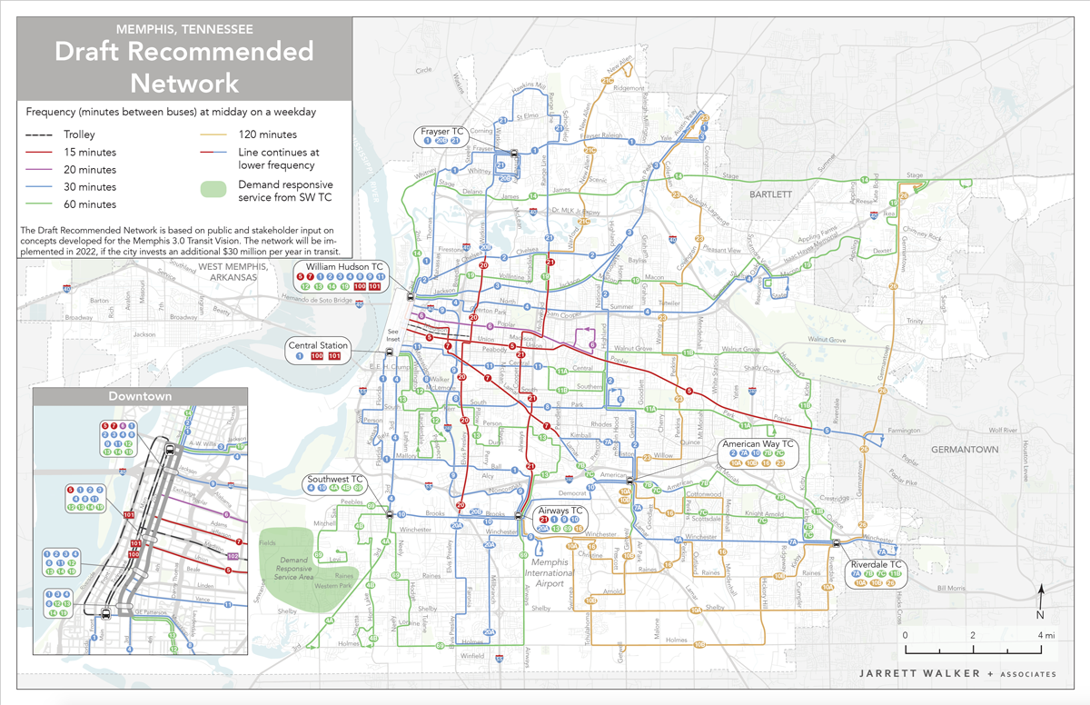 Image of draft recommended transit map in the City of Memphis